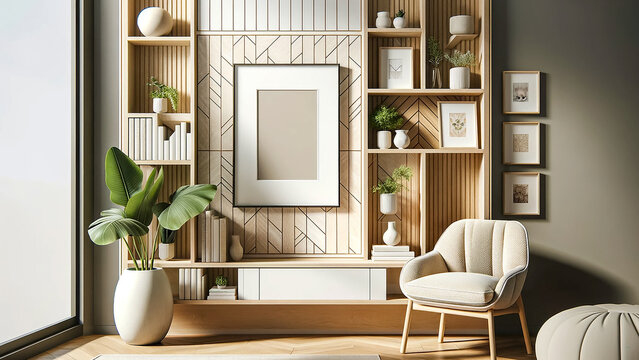 elegantly designed Scandinavian room interior showcasing a mock-up photo frame on a wall-mounted