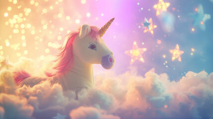 Magical Unicorn Toy Basking in Dreamy Starry Sky and Fluffy Clouds - obrazy, fototapety, plakaty