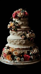 Delicious multi-tiered wedding cake isolated on black background. Generative AI