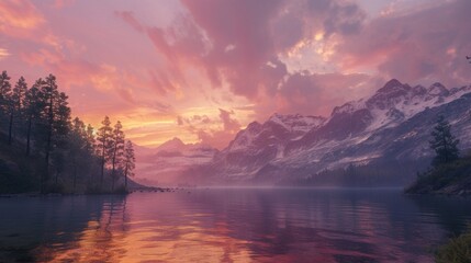 Immerse yourself in the Whistlerian charm of a sunset over a mountain and lake, brought to life through AI, featuring a perfect blend of natural colors - obrazy, fototapety, plakaty