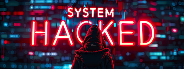 System hacked alert after cyber attack on computer network. Cybersecurity vulnerability, data breach, illegal connection, compromised information concept.