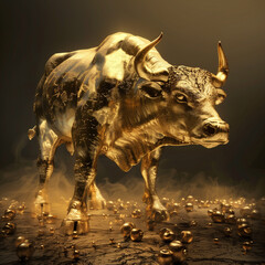 golden bull on a dark background. 3d render illustration.