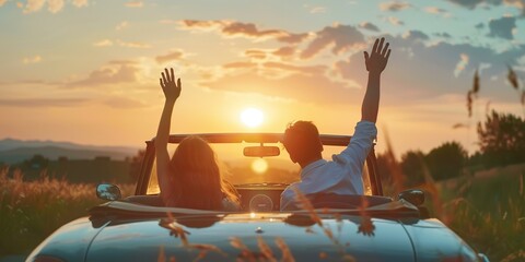 Obraz premium car at sunset and inside an unrecognizable couple