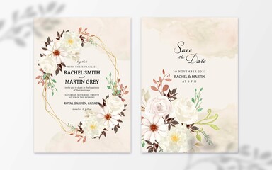 Set Rustic White Watercolor Flower With Abstract Stain Wedding Invitation