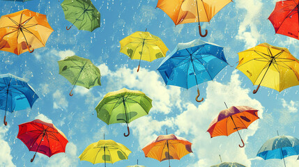 Fototapeta na wymiar Multicolored Umbrellas Floating in Sunny Sky with Clouds and Light Flares