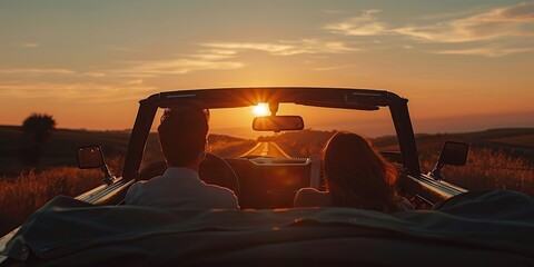 car at sunset and inside an unrecognizable couple