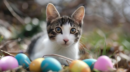 Fototapeta na wymiar cat and easter eggs