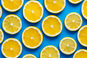 Lemon slices pattern. Citrus lemon fruits on blue background.
