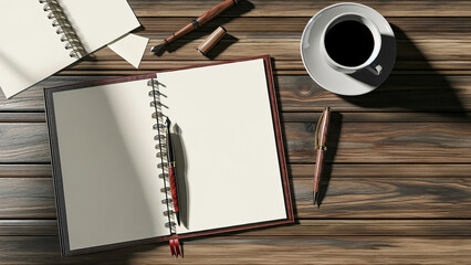 notebook mockup placed on a vintage wooden desk, surrounded by creative accessories