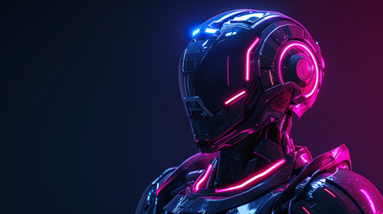 Futuristic Robot Head with Neon Lights on Dark Background in High Tech Conceptry