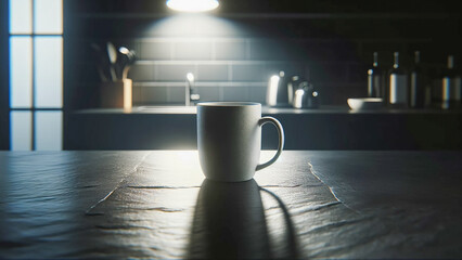 White mug on dark slate counter in kitchen