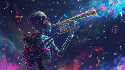 Skeleton Playing Trumpet with Vibrant Neon Colors and Musical Notes Illustration - obrazy, fototapety, plakaty
