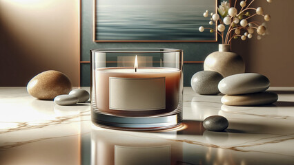 A sleek, transparent glass scented candle positioned on a marble countertop