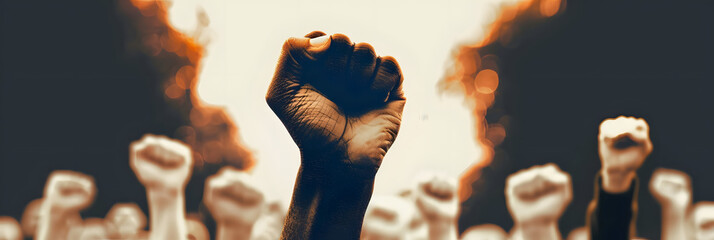 Fist protest hand activist people social fight crowd civil women march strike rebellion black. Hand fist protest rally movement young youth power racism raised racial group mob revolution change unity - obrazy, fototapety, plakaty