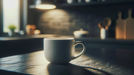 White mug on dark slate counter in kitchen