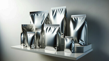 Blank foil bags mockup, each standing upright on a minimalist