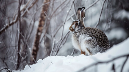 Naklejka premium Snowshoe Hare in wild nature. Copy Space