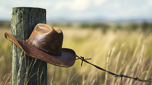 Stetson hat hanging on a fence post. Copy Space