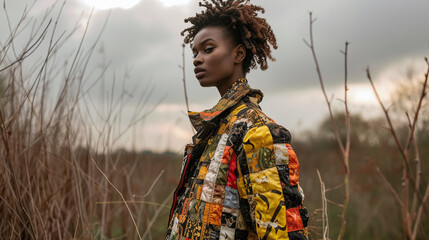 Fashionable Young Woman in Stylish Patchwork Jacket Posing in Autumn Field at Dusk