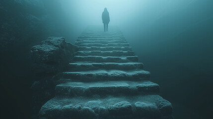 Mystical ascent: lone figure on foggy stone steps