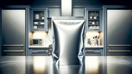 bag mockup positioned in the center of a modern kitchen setting, with stainless steel appliances