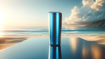 A sleek blue water tumbler blank mockup, standing on a glossy, reflective surface with a blurred