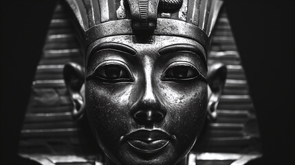 Close-up Black and White  of an Egyptian Pharaoh Mask with Intricate Details