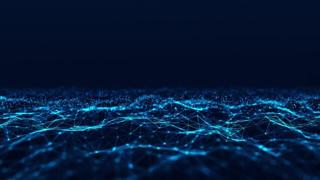 Color animated polygonal space. Futuristic wave with dots and lines. Structure of connection points and lines. Digital background. Plexus effect. 3d. 4K animation.