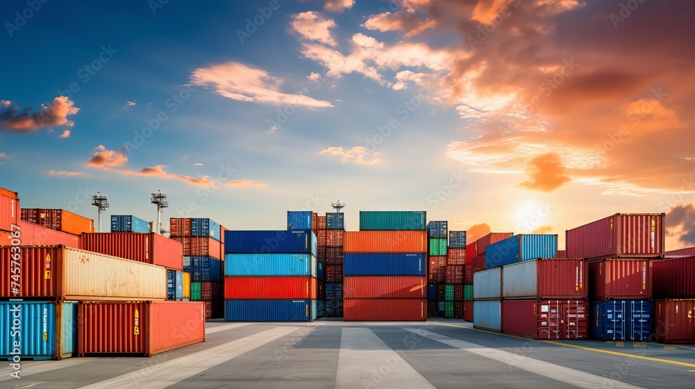 Aufkleber stack of cargo containers in import and export area at port