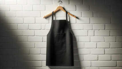 sophisticated image of a black blank apron presented on a wooden hanger against a white brick wall