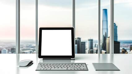 contemporary home office setup showcasing a tablet touchpad with a white screen mockup
