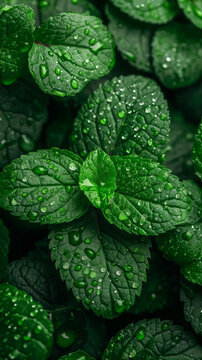 Fresh dew on lush green mint leaves