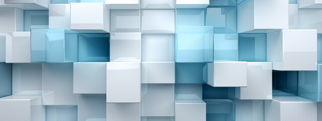 Panoramic abstract geometric background with light blue 3d flying cubes. Modern abstract business template.