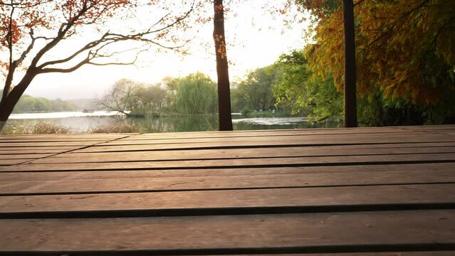 empty wooden deck near lake
