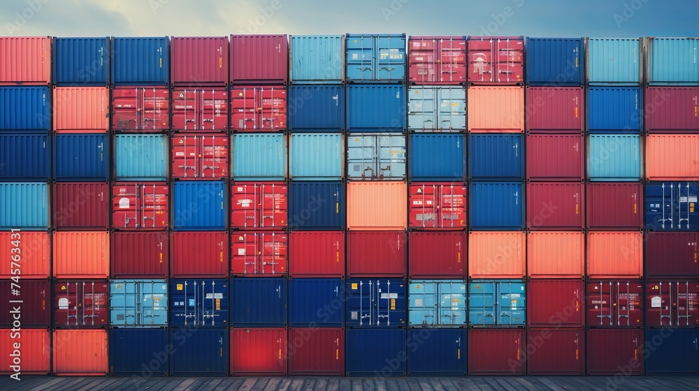 Poster stack of cargo containers in import and export area at port
