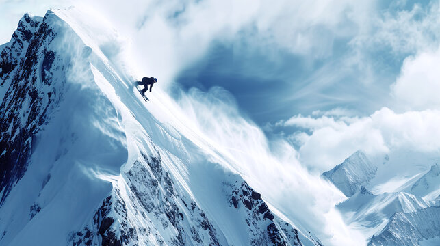 Winter Sports Adventure Skier Descending Snow Covered Mountain Peak Extreme Skiing in Majestic Alpine Landscape