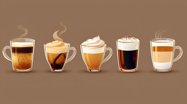 Collage set of different types of coffee in cup:  mochaccino, latte, chocolate, cream. Illustration Coffee shop menu, good morning concept. Flavored coffee advertising. Generative AI