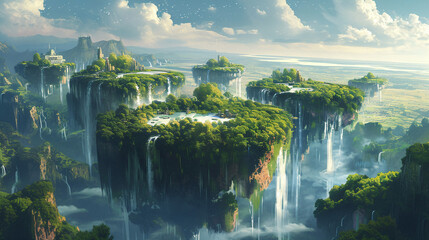 Fantasy Landscape with Cascading Waterfalls Majestic Cliffs Lush Greenery and Scenic Views - obrazy, fototapety, plakaty