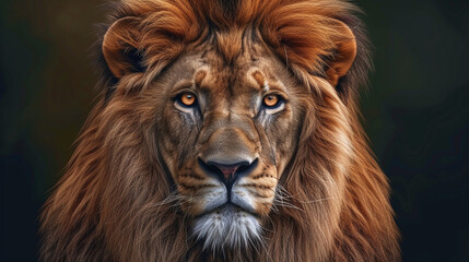 Majestic Lion Close Up Portrait with Intense Gaze Against Dark Background Perfect for Wall Art and Wildlife Themes