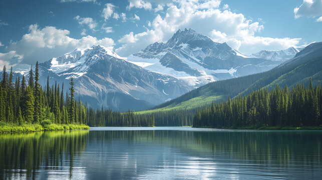 Serene Mountain Lake Landscape with Snow Capped Peaks and Lush Green Forest Reflection in Tranquil Water