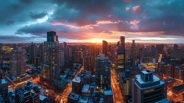 Breathtaking Urban Sunset Skyline Panorama with City Lights and Vibrant Dusk Sky Over Downtown Skyscrapers