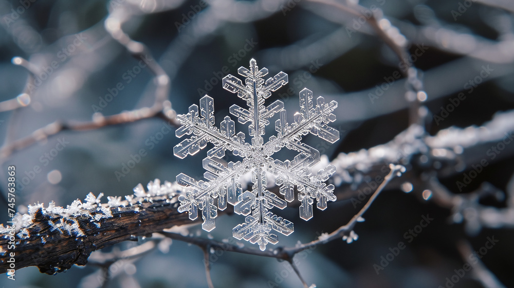 Poster close up macro shot of a perfect snowflake crystal on a branch in winter wonderland