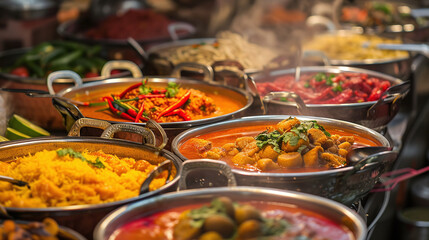 Authentic Indian Cuisine Buffet with Variety of Dishes and Aromatic Spices Display in Warm Light