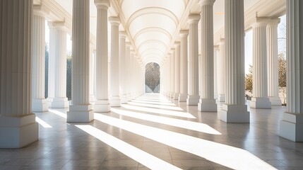 The sunlight shines through columns in a long and white corridor