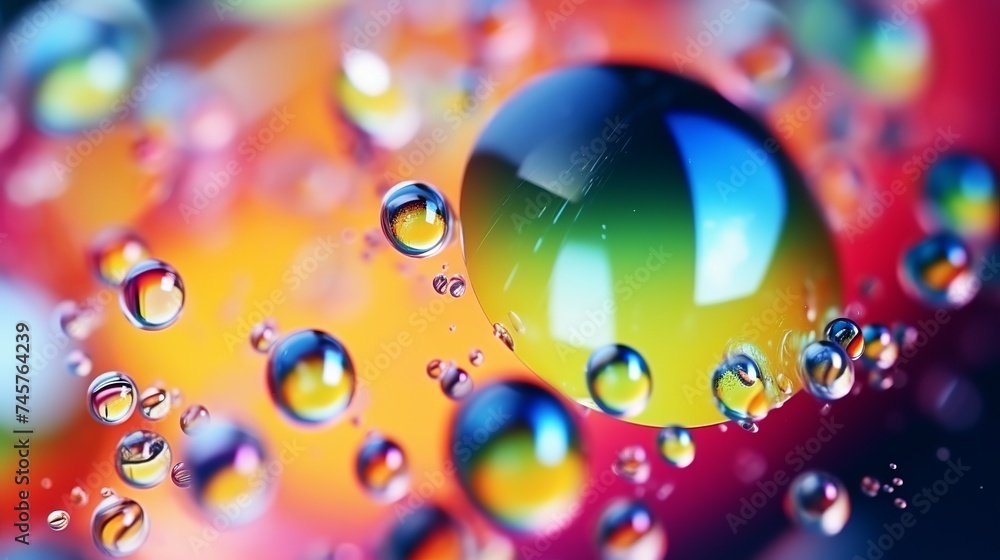 Poster top view movement of oil bubbles in the liquid. oil surface multicolored background. fantastic struc