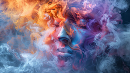 Surreal Portrait of Person with Colorful Smoke and Flames Abstract Art  - obrazy, fototapety, plakaty