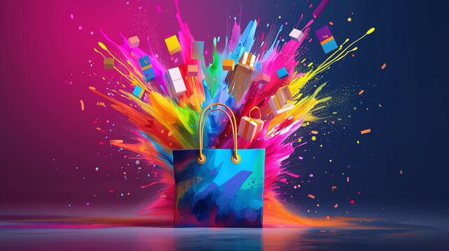 Abstract Vibrant Shopping Bag Explosion with Colorful Gifts and Boxes on a Reflective Surface Against a Dark Background