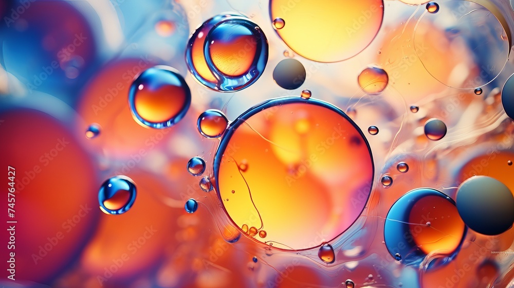 Poster top view movement of oil bubbles in the liquid. oil surface multicolored background. fantastic struc