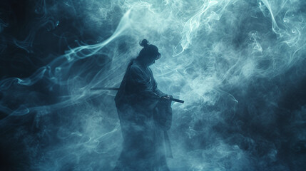 Mysterious Samurai Warrior Enveloped in Mist with Sword Ready in Moody Atmospheric Lighting