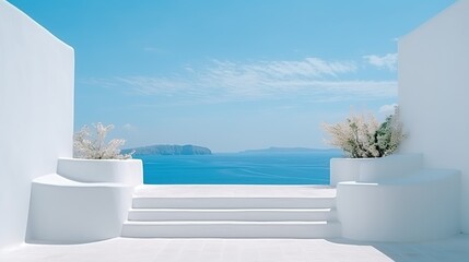 room with white steps, beautiful views of the ocean, geometry-inspired, mediterranean, pop
